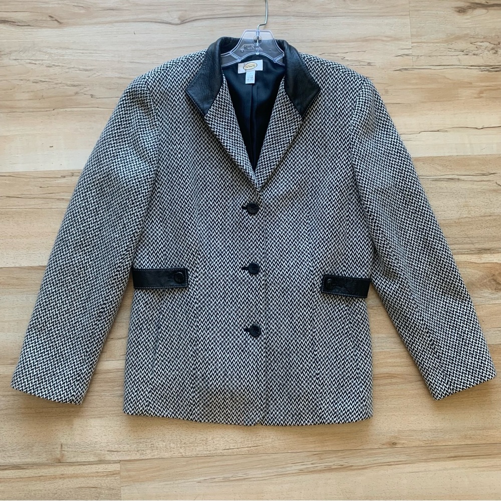 Talbots Black White Checker Wool Jacket Women's Size 12 Blazer Leather Trim